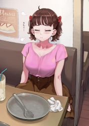 Rule 34 | 1girl, :t, after meal, ahoge, blush, booth seating, breasts, brown hair, brown skirt, cleavage, closed eyes, commentary, cowboy shot, cup, drink, drinking straw, eyelashes, hair ribbon, ice, ice cube, jun (navigavi), looking at viewer, medium breasts, miniskirt, open mouth, original, pink shirt, plate, pout, red ribbon, restaurant, ribbon, shirt, shirt tucked in, short hair, short sleeves, sitting, skirt, solo, spoon, table, towel, translated, twintails, v-neck