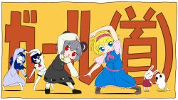 Rule 34 | 4girls, alice margatroid, animal ears, bird, black footwear, black hair, black skirt, black vest, blonde hair, blue dress, blue eyes, blue hood, boots, border, brown footwear, capelet, chicken, closed eyes, colored skin, commentary request, cookie (touhou), cross-laced footwear, dress, egg, flour (cookie), fluffy fluffy rabbit-chan, frilled dress, frilled hairband, frilled necktie, frills, full body, green sailor collar, grey dress, grey hair, hairband, heart arms duo, highres, hood, hood up, ichigo (cookie), kumoi ichirin, lets0020, long sleeves, looking at viewer, medium bangs, milk (cookie), mouse ears, mouse girl, multiple girls, murasa minamitsu, nazrin, necktie, nyon (cookie), open mouth, pink capelet, pink hairband, pink necktie, pink sash, red eyes, sailor collar, sailor shirt, sash, shirt, short hair, shorts, skirt, skirt set, smile, standing, stuffed animal, stuffed rabbit, stuffed toy, telecaster b-boy (vocaloid), the chicken that appears in the middle of cookie, touhou, vest, vocaloid, white border, white shirt, white shorts, white skin, yellow background
