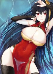 Rule 34 | 1girl, ahoge, armpits, arms up, azur lane, black hair, black panties, black thighhighs, blush, breasts, bridal gauntlets, china dress, chinese clothes, cleavage, cleavage cutout, clothing cutout, commentary request, covered navel, dress, garter straps, hair ornament, highres, large breasts, long hair, lying, official alternate costume, on back, panties, parted lips, pelvic curtain, red dress, red eyes, red lips, shallow water, signature, sleeveless, sleeveless dress, solo, straight hair, taihou (azur lane), taihou (phoenix&#039;s spring song) (azur lane), thighhighs, underwear, very long hair, water, yorugami rei