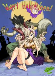 Rule 34 | 1boy, 1girl, 2020, bell, blonde hair, blue eyes, breasts, cat girl, cleavage, collar, dress, eden&#039;s zero, full moon, halloween, highres, large breasts, long hair, looking at viewer, mashima hiro, moon, neck bell, night, night sky, official art, pino (eden&#039;s zero), rebecca bluegarden, shiki granbell, shoes, sitting, sky, smile
