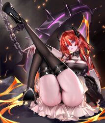 1girl arknights arknights:_endfield ass black_collar black_dress black_horns black_thighhighs breasts cleavage collar commentary dress english_commentary fingernails hair_between_eyes hair_intakes high_heels highres horns laevatein_(arknights) large_breasts leg_up long_hair looking_at_viewer nail_polish outstretched_leg parted_lips pink_nails purple_eyes red_hair ringeko-chan side_horns sidelocks skirt solo surtr_(arknights) thighhighs thighs white_skirt