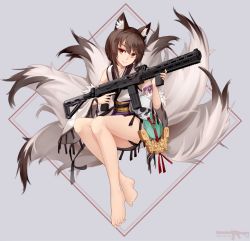 Rule 34 | 1girl, absurdres, animal ears, bare legs, barefoot, blue fire, brown eyes, brown hair, closed mouth, detached sleeves, fire, fox ears, fox tail, full body, girls&#039; frontline, gun, highres, holding, holding gun, holding weapon, japanese clothes, kimono, kitsune, legs together, light smile, magpul, multiple tails, obi, official alternate costume, sash, short kimono, sidelocks, skull, sleeveless, sleeveless kimono, smile, solo, submachine gun, tail, tsurime, type 79 (girls&#039; frontline), type 79 (nine-tail fox) (girls&#039; frontline), type 79 smg, vectorek, vertical forward grip, weapon, white kimono, wolf ears, wolf tail