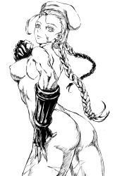 Rule 34 | 1girl, ahoge, ass, bare shoulders, braid, cammy white, camouflage, covered erect nipples, fingerless gloves, garrison cap, gloves, graphite (medium), greyscale, hand on own hip, hat, highres, huge ahoge, impossible clothes, impossible leotard, jitsu shizu, leotard, long hair, looking at viewer, looking back, monochrome, muscular, muscular female, scar, solo, street fighter, street fighter zero (series), thong, thong leotard, traditional media, twin braids, very long hair