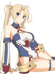 Rule 34 | 1girl, armor, bare shoulders, blonde hair, blue eyes, blush, bradamante (fate), bradamante (first ascension) (fate), braid, breasts, cleavage, closed mouth, crown braid, elbow gloves, elfenlied22, fate/grand order, fate (series), faulds, gloves, hair between eyes, highleg, highleg leotard, highres, large breasts, leotard, long hair, looking at viewer, simple background, sitting, solo, thigh strap, thighs, twintails, very long hair, white background