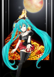 Rule 34 | 1/6 -out of the gravity- (vocaloid), 1girl, aqua eyes, aqua hair, bad id, bad pixiv id, full moon, hatsune miku, itsuku (i-pic), long hair, moon, outstretched hand, red moon, skirt, solo, thighhighs, tokyo tower, tower, twintails, very long hair, vocaloid, wristband