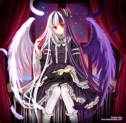 Rule 34 | 1girl, album cover, cat, cover, curtains, dress, feathers, glowing, glowing eyes, gothic lolita, hair flowing over, hat, holding, holding own hair, kazuharu kina, lolita fashion, long hair, looking at viewer, multicolored hair, night, night sky, original, pantyhose, purple hair, red eyes, sitting, sky, split-color hair, star (sky), two-tone hair, very long hair, watermark, web address, white hair, white pantyhose, window, wings