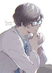 1boy beard_stubble black-framed_eyewear blue_necktie blue_shirt brown_eyes brown_hair chromatic_aberration coat collared_shirt commentary_request dated facial_hair glasses head_rest highres lanyard male_focus maruki_takuto necktie nono_ppppp persona persona_5 persona_5_the_royal shirt signature simple_background smile solo stubble twitter_username white_background white_coat