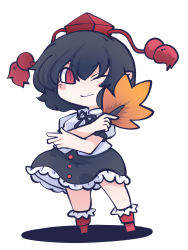 Rule 34 | 1girl, ;), black hair, black skirt, chahan (fried rice0614), closed mouth, collared shirt, full body, geta, hand fan, hat, hauchiwa, highres, holding, holding fan, leaf, looking at viewer, maple leaf, one-hour drawing challenge, one eye closed, pointy ears, pom pom (clothes), puffy short sleeves, puffy sleeves, red eyes, red footwear, red hat, shameimaru aya, shirt, short hair, short sleeves, simple background, skirt, smile, solo, standing, tengu-geta, tokin hat, touhou, white background, white shirt