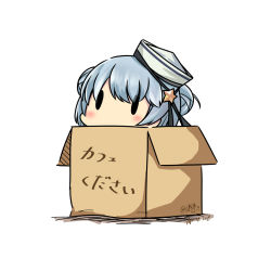 Rule 34 | 1girl, black ribbon, blue hair, box, cardboard box, dated, dixie cup hat, double bun, hair bun, hair ornament, hat, hat ribbon, hatsuzuki 527, in box, in container, kantai collection, military hat, ribbon, samuel b. roberts (kancolle), short hair, simple background, solid oval eyes, solo, star (symbol), star hair ornament, translation request, twitter username, white background, white hat