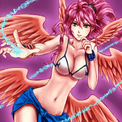 Rule 34 | 1girl, ahoge, angel, angel wings, archangel metatron (p&amp;d), bikini, breasts, green eyes, jewelry, large breasts, long hair, lots of jewelry, magic, navel, omega (omega yang), omega yang, pink hair, ponytail, puzzle &amp; dragons, sarong, smile, solo, swimsuit, text focus, white bikini, wings