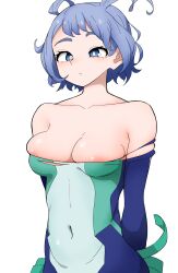 Rule 34 | 1girl, arms behind back, blue bodysuit, blue eyes, blue hair, bodysuit, boku no hero academia, breasts, covered navel, drill hair, green bodysuit, hadou nejire, hair horns, highres, medium breasts, multicolored bodysuit, multicolored clothes, official alternate hair length, official alternate hairstyle, short hair, simple background, skindentation, solo, twin drills, white background, zerachin8