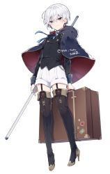 Rule 34 | 1boy, bad id, bad twitter id, bag, blue eyes, blush, bob cut, boots, briefcase, capelet, commentary request, garter belt, garter straps, hair between eyes, high heels, holding, holding bag, holding staff, ikeuchi tanuma, looking at viewer, male focus, original, rudy (ikeuchi tanuma), shirt, short hair, shorts, simple background, solo, staff, thigh boots, thighhighs, white background, white hair