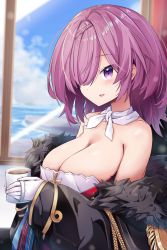 Rule 34 | 1girl, absurdres, aiguillette, azur lane, bare shoulders, black coat, breasts, cleavage, coat, coffee mug, cup, dress, epaulettes, from side, fur-trimmed coat, fur trim, gloves, hair over one eye, highres, holding, holding cup, large breasts, leer.meer, looking at viewer, medium hair, mug, open clothes, open coat, penelope (azur lane), purple eyes, purple hair, solo, strapless, strapless dress, upper body, white gloves, white neckwear