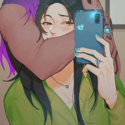 Rule 34 | 2girls, aqua nails, arm tattoo, black hair, blush, cellphone charm, charm (object), dark skin, green sweater, highres, holding, holding phone, jewelry, long hair, meme, multiple girls, muscular, muscular female, necklace, phone, purple hair, red eyes, reyna (valorant), ring, sage (valorant), smile, sussy (sushushh), sweater, tattoo, valorant, yuri