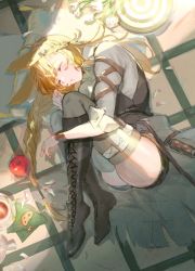 Rule 34 | 1girl, animal ears, apple, arknights, arm ribbon, blonde hair, boots, braid, brown footwear, brown vest, collared shirt, commentary request, cookie, cross-laced footwear, cup, fetal position, flower, food, from above, fruit, full body, grey shirt, highres, holster, knee boots, kroos (arknights), kroos the keen glint (arknights), long hair, official alternate costume, on floor, parted lips, petals, pillow, pink flower, pink rose, rabbit ears, rabbit girl, ribbon, rose, saucer, shirt, sleeves rolled up, solo, target, teacup, thigh holster, thighhighs, umeppi3, vest, wristband