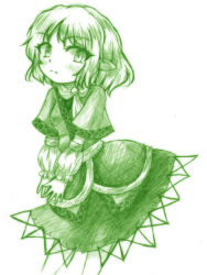 Rule 34 | 1girl, arm support, blush, green theme, japanese clothes, mizuhashi parsee, monochrome, pointy ears, solo, touhou, yuran (kuen-hien)