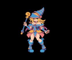 1girl animated animated_gif blonde_hair blue_eyes boots dark_magician_girl dress helmet pixel_art sesuji07 staff wristband yu-gi-oh!