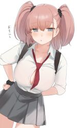 1girl alternate_costume atlanta_(kancolle) blush breasts brown_hair cleavage grey_eyes grey_skirt hair_ornament hair_scrunchie hand_on_own_hip jitome kantai_collection large_breasts long_hair looking_at_viewer looking_down necktie sakiecho scrunchie shirt shirt_tucked_in simple_background skirt sleeves_rolled_up solo suspenders twintails two_side_up white_background white_shirt wrist_scrunchie