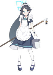 Rule 34 | &lt;key&gt; (robot) (blue archive), 1girl, 2000g0ld, absurdres, apron, aqua halo, aris (blue archive), aris (maid) (blue archive), black hair, blue archive, blue eyes, blue halo, broom, bucket, full body, halo, highres, holding, holding broom, holding bucket, long hair, maid, maid apron, maid headdress, official alternate costume, ponytail, simple background, solo, standing, tagme, white background