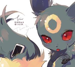 Rule 34 | animal focus, cellphone, creatures (company), game freak, gen 2 pokemon, hideko (l33l3b), nintendo, no humans, pawpads, phone, pokemon, pokemon (creature), red eyes, signature, simple background, smartphone, solo, thank you, tongue, tongue out, twitter username, umbreon, upper body, white background