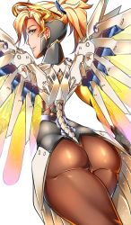 Rule 34 | 1girl, armor, ass, blonde hair, blue eyes, bodysuit, from behind, geroro44, gloves, grin, halo, high ponytail, highres, long hair, looking at viewer, looking back, mechanical halo, mechanical wings, mercy (overwatch), overwatch, overwatch 1, pantyhose, ponytail, shiny clothes, skin tight, smile, solo, wings