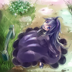 Rule 34 | 10s, 1girl, @ @, ahoge, alternate color, arms behind back, bags under eyes, bush, crazy eyes, creatures (company), dress, fang, fingernails, from above, game freak, grass, hairband, headband, hex maniac (pokemon), long hair, looking at viewer, looking up, mary janes, messy hair, nail polish, nature, nintendo, npc trainer, open mouth, pale skin, pokemon, pokemon xy, purple eyes, purple hair, purple nails, shoes, sitting, skirt, smile, solo, sukumo (kemutai), very long hair, way