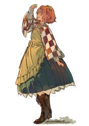 Rule 34 | 1girl, apron, boots, checkered clothes, checkered kimono, cross-laced footwear, from side, full body, hair bobbles, hair ornament, japanese clothes, kimono, knee boots, lace-up boots, long skirt, motoori kosuzu, pink hair, pisoshi, pleated skirt, short hair, skirt, solo, touhou, two side up, white background, wide sleeves