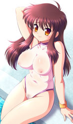 Rule 34 | 1girl, ahoge, arm behind head, arm up, blush, body blush, breasts, brown hair, cameltoe, casual one-piece swimsuit, cleft of venus, covered erect nipples, covered navel, curvy, female pubic hair, impossible clothes, impossible swimsuit, large breasts, long hair, looking at viewer, multicolored eyes, naughty face, nipples, one-piece swimsuit, original, pink hair, pool, poolside, pubic hair, purple eyes, pussy, see-through, sitting, skin tight, smile, soaking feet, solo, swimsuit, tanuki yousuke, thighs, uncensored, water, white one-piece swimsuit, wristband, yellow eyes