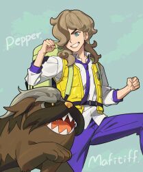 Rule 34 | 1boy, arven (pokemon), belt, black belt, brown hair, character name, clenched hands, collared shirt, commentary request, creatures (company), eyelashes, game freak, green eyes, grin, hair over one eye, highres, long hair, looking down, mabosstiff, male focus, necktie, nintendo, open clothes, open vest, pants, pokemon, pokemon (creature), pokemon sv, purple necktie, purple pants, shirt, smile, teeth, u2t5k2s5, vest, white shirt, yellow vest