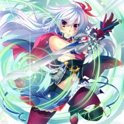 Rule 34 | 1girl, blue skirt, breasts, cape, detached sleeves, eleonora viltaria, floating hair, gloves, hair between eyes, hair ribbon, highres, holding, holding sword, holding weapon, large breasts, leg up, long hair, looking at viewer, madan no ou to vanadis, midriff, miniskirt, navel, pantyhose, red eyes, red gloves, red pantyhose, red ribbon, ribbon, silver hair, skirt, smile, solo, stomach, sword, very long hair, weapon