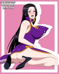 Rule 34 | 1girl, ass, black hair, blue eyes, blush, boa hancock, breasts, butt crack, dress, gluteal fold, highres, huge ass, large breasts, long dress, looking at viewer, looking back, naughty face, one piece, open mouth, sitting, studio oppai