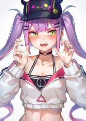 Rule 34 | 1girl, baseball cap, black choker, black hat, breasts, choker, claw pose, cleavage, collarbone, crop top, ear piercing, fake horns, fangs, green eyes, hair ornament, hairclip, halterneck, hands up, hat, highres, hololive, horns, jacket, long hair, looking at viewer, midriff, mr.lime, multicolored hair, multicolored nails, nail polish, navel, navel piercing, off shoulder, open mouth, piercing, purple hair, shirt, simple background, sleeveless, sleeveless shirt, solo, streaked hair, tokoyami towa, twintails, undershirt, upper body, v-shaped eyebrows, virtual youtuber, white background, white jacket