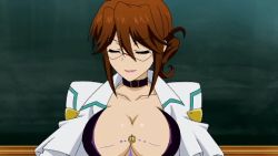 Rule 34 | 10s, 1girl, angela cornwell, animated, animated gif, bouncing breasts, breasts, brown eyes, brown hair, choker, cleavage, female focus, glasses, large breasts, lipstick, lowres, makeup, seikoku no dragonar, solo