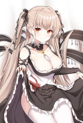 Rule 34 | 1girl, absurdly long hair, absurdres, azur lane, black bow, black dress, blush, bow, breasts, brown eyes, brown hair, cleavage, closed mouth, clothes lift, collarbone, dress, dress lift, earrings, formidable (azur lane), hair bow, highres, jewelry, large breasts, lifted by self, long hair, paaru, smile, solo, thighhighs, twintails, very long hair, white thighhighs