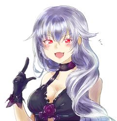 Rule 34 | &gt;:d, 10s, 1girl, :d, ^^^, bad id, bad pixiv id, bare shoulders, black gloves, blush, bow, breasts, choker, cleavage, colored eyelashes, flipped hair, flower, frills, gloves, hair between eyes, halifa (monster musume), hand up, happy, index finger raised, long hair, looking at viewer, monster girl, monster musume no iru nichijou, monster musume no iru nichijou online, open mouth, pointing, pointing up, purple bow, purple flower, purple rose, red eyes, rose, simple background, smile, solo, tana (tana chi35), upper body, v-shaped eyebrows, very long hair, wavy hair, white background, white hair