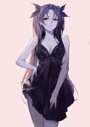 Rule 34 | 1girl, bare arms, bare shoulders, black dress, black ribbon, breasts, brown background, brown hair, brown ribbon, cleavage, collarbone, cowboy shot, dress, fate/stay night, fate (series), hair ribbon, hand on own hip, highres, legs together, long hair, looking at viewer, medium breasts, mole, mole under mouth, parted bangs, parted lips, rabbit (tukenitian), red eyes, ribbon, simple background, sleeveless, sleeveless dress, solo, standing, tohsaka rin, two side up, very long hair