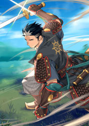 Rule 34 | 1boy, armor, bara, belt, black hair, blurry, blurry background, closed mouth, cloud, da thach (kienbiu), day, dyed bangs, ero condo, facial hair, fighting stance, grey pants, highres, holding, holding sword, holding weapon, japanese armor, japanese clothes, kienbiu, kimono, male focus, multicolored hair, muscular, muscular male, official art, outdoors, pants, pauldrons, sheath, short hair, shoulder armor, sideburns, sky, solo, streaked hair, stubble, sword, two-tone hair, unsheathed, vambraces, weapon, white hair