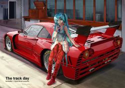 Rule 34 | 1girl, artist name, bad id, bad pixiv id, bare shoulders, blue eyes, blue hair, bodysuit, box, building, can, car, character name, collarbone, day, drink can, drinking, english text, ferrari, ferrari 288 gto evoluzione, full body, hatsune miku, highres, long hair, looking at viewer, motor vehicle, race vehicle, racecar, red bodysuit, red bull, red footwear, shoes, sleeveless, soda can, solo, standing, sunlight, takepon1123, tank top, tareme, tied cothes, twintails, vehicle focus, very long hair, vocaloid, wide shot