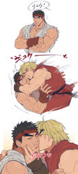 Rule 34 | 2boys, bara, black hair, blonde hair, cheek-to-cheek, cheek bulge, chinese text, collage, couple, cropped torso, dougi, fingerless gloves, forked eyebrows, from side, gloves, grabbing another&#039;s chin, hand on another&#039;s chin, headband, heads together, highres, hug, ken masters, kiss, kissing cheek, male focus, motion lines, multiple boys, muscular, muscular male, pants, pectoral cleavage, pectorals, red pants, ryu (street fighter), sequential, short hair, sideburns, sleeveless, street fighter, thick eyebrows, translated, turn pale, yaoi, yuiofire