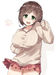Rule 34 | 1girl, absurdres, aki (sangetusei), arm up, breasts, brown hair, collarbone, commentary request, cowboy shot, dot nose, green eyes, hair over shoulder, highres, idolmaster, idolmaster cinderella girls, jaggy lines, large breasts, looking at viewer, maekawa miku, medium hair, open mouth, paw print, pleated skirt, ribbed sweater, shadow, simple background, skirt, sleeves past wrists, solo, sweater, tareme, thick thighs, thighs, white background