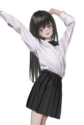 Rule 34 | 1girl, :d, absurdres, black bow, black bowtie, black hair, black skirt, blush, bow, bowtie, gishiki (gshk), grey eyes, hands up, highres, long hair, long sleeves, looking at viewer, open mouth, original, pleated skirt, school uniform, shirt, simple background, skirt, smile, solo, white background, white shirt
