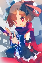Rule 34 | 1girl, absurdres, alternate costume, antenna hair, black thighhighs, brown hair, dark persona, demon girl, detached sleeves, disgaea, disgaea d2, disgaea rpg, dress, frilled dress, frilled skirt, frilled sleeves, frills, harada takehito, highres, jewelry, open mouth, pointy ears, red eyes, scarf, short hair, sicily (disgaea), skirt, slit pupils, smile, solo, spread fingers, thighhighs, twintails