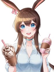 Rule 34 | 1girl, absurdres, amiya (arknights), animal ears, arknights, bad id, bad pixiv id, blue eyes, bow, breasts, brown hair, cleavage, collarbone, commentary request, drink, drinking straw, ear ribbon, hair between eyes, harusame (user wawj5773), highres, holding, holding drink, jewelry, large breasts, long hair, looking at viewer, open mouth, pink ribbon, rabbit ears, ribbon, ring, shirt, simple background, smile, solo, teeth, upper teeth only, white background, white shirt
