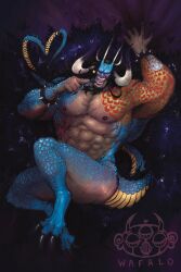 Rule 34 | 1boy, animal feet, arm tattoo, arm up, armlet, armpits, bara, beard, black hair, blue scales, blush, chest tattoo, claws, coat, dragon boy, dragon horns, dragon tail, facial hair, flirting, fur coat, heart, heart tail, highres, horns, huge pectorals, kaidou (one piece), long hair, looking at viewer, male focus, manly, meme, monster boy, multicolored background, multiple horns, muscular, muscular male, mustache, nipples, one piece, open mouth, rope, scales, scar, scar on stomach, sharp teeth, shimenawa, skull, spiked armlet, strongman waist, tail, tattoo, teeth, tongue, topless male, v, wafalo, wink star, yassification (meme)