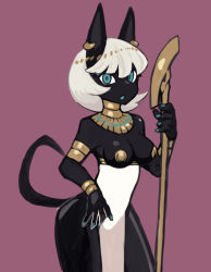 Rule 34 | 1girl, animal ears, armlet, black skin, blue eyes, bracelet, breasts, breasts out, cat ears, cat tail, colored skin, earrings, egyptian, female focus, gold, harusame10000, jewelry, neck ring, nipples, original, pelvic curtain, purple background, scepter, short hair, simple background, solo, tail, white hair
