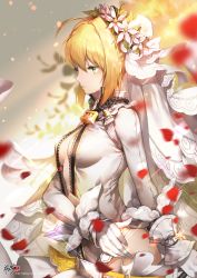 Rule 34 | 10s, 1girl, ahoge, belt, belt buckle, blonde hair, breasts, bridal veil, buckle, center opening, chain, cleavage, closed mouth, collar, detached collar, fate/extra, fate/extra ccc, fate (series), flower, from side, gloves, green eyes, hair between eyes, hair flower, hair intakes, hair ornament, head wreath, highres, kyjsogom, leotard, lock, long sleeves, looking away, medium breasts, nero claudius (bride) (fate), nero claudius (fate), nero claudius (fate) (all), padlock, padlocked collar, petals, plant, short hair, sidelocks, signature, thighhighs, veil, watermark, web address, white gloves, white leotard, zipper