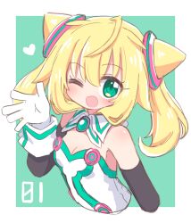 Rule 34 | 1girl, ;d, bare shoulders, black sleeves, blonde hair, blush, breasts, cleavage, commentary request, cone hair bun, cropped torso, detached sleeves, dress, gloves, green background, green eyes, hacka doll, hacka doll 1, hair between eyes, hair bun, hand up, heart, highres, long hair, long sleeves, looking at viewer, naga u, one eye closed, open mouth, small breasts, smile, solo, strapless, strapless dress, twintails, two-tone background, upper body, white background, white dress, white gloves