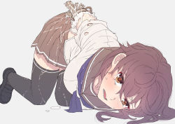 Rule 34 | 1girl, amputee, android girl (itou), black footwear, black thighhighs, blush, broken arm, brown eyes, brown skirt, grey sailor collar, itou (onsoku tassha), leaking, looking at viewer, mechanical parts, medium hair, neckerchief, original, parted lips, pleated skirt, purple neckerchief, red hair, sailor collar, school uniform, serafuku, shirt, shoes, simple background, skirt, solo, tears, thighhighs, top-down bottom-up, torn clothes, torn shirt, white background, white shirt