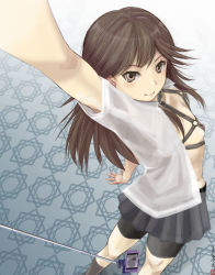 Rule 34 | 1girl, arashio (kancolle), arm up, bike shorts, black legwear, black shorts, breasts, brown eyes, brown hair, cellphone, cellphone photo, cloritin, closed mouth, commentary request, covered erect nipples, eyelashes, from behind, grey skirt, highres, kantai collection, long hair, looking at viewer, looking back, miniskirt, o-ring, open clothes, open shirt, outstretched arm, panties, phone, pleated skirt, selfie, selfie stick, shirt, short sleeves, shorts, shorts under skirt, skirt, small breasts, smartphone, smartphone case, smile, solo, standing, twisted torso, underwear, upskirt, white shirt
