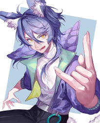 Rule 34 | 1boy, \n/, absurdres, animal ear fluff, animal ears, belt, blue hair, borrowed character, claw pose, cropped jacket, fingernails, gtcockroach, high collar, highres, long fingernails, long hair, looking at viewer, male focus, original, pants, popped collar, shirt tucked in, slit pupils, smile, solo, tail, tongue, tongue out, wolf boy, wolf ears, wolf tail, yellow eyes